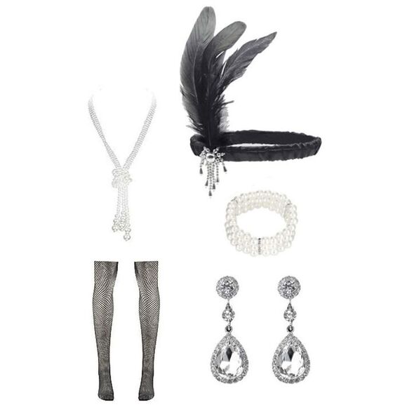 💗✨ 6PCS 1920s Great Gatsby Flapper Pink Sequin Dress & Accessories Set XL NEW - Picture 9 of 16